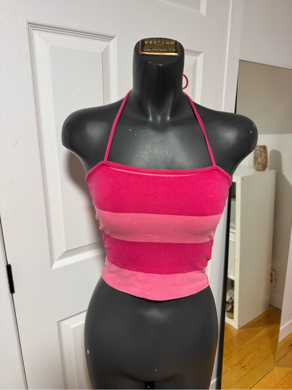 Pink Striped Halter Crop Top